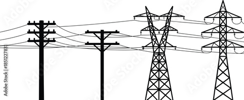 Black and white vector illustration of four electrical transmission towers and power poles with wires, energy distribution infrastructure, high voltage power lines icon