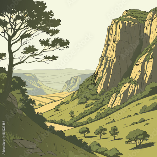 Mountain valley opening into wide plain with rocky cliff