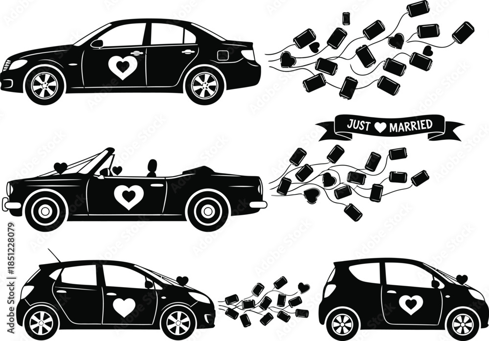 Naklejka premium Set of Just Married Wedding Cars Silhouettes with Hearts and Trailing Cans Vector Collection