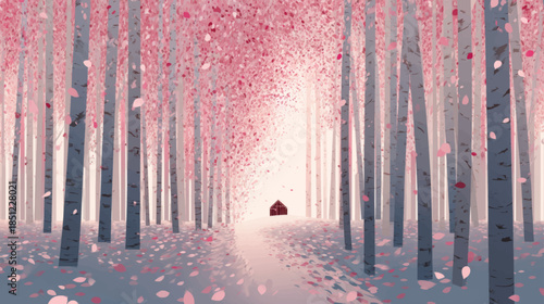 Light pink enchanted forest with petal covered path, soft fairytale vector background for calm and inspirational designs