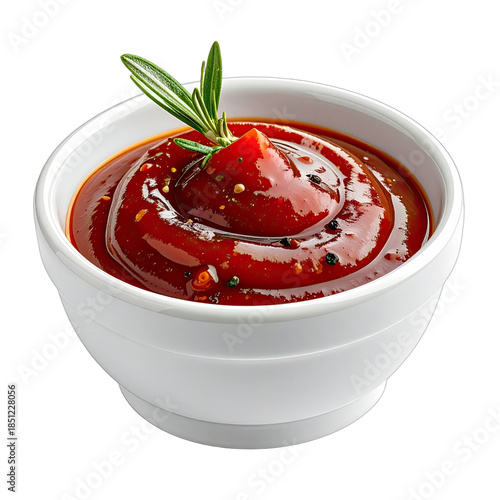 A close-up shot of rich, dark barbecue sauce garnished with rosemary in a white dipping bowl against a black background.