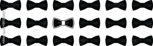 Black bow tie icon collection in minimal vector style, identical formal accessory set with one highlighted, fashion symbol for design, clothing decoration concept