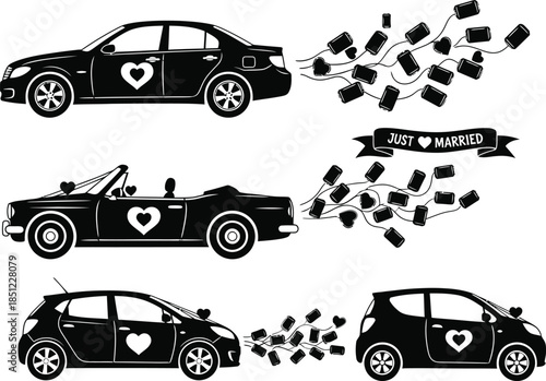 Set of Just Married Wedding Cars Silhouettes with Hearts and Trailing Cans Vector Collection