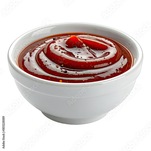 A close-up shot of rich, glossy barbecue sauce served in a white dipping bowl.