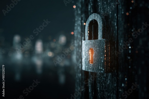 Vertical panorama banner showcasing a digital lock symbolizing cybersecurity in a futuristic cityscape at night