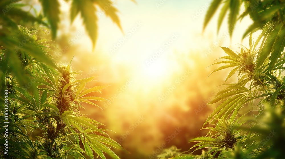 Obraz premium Vibrant cannabis plant thriving in golden sunlight with dew drops, representing natural growth