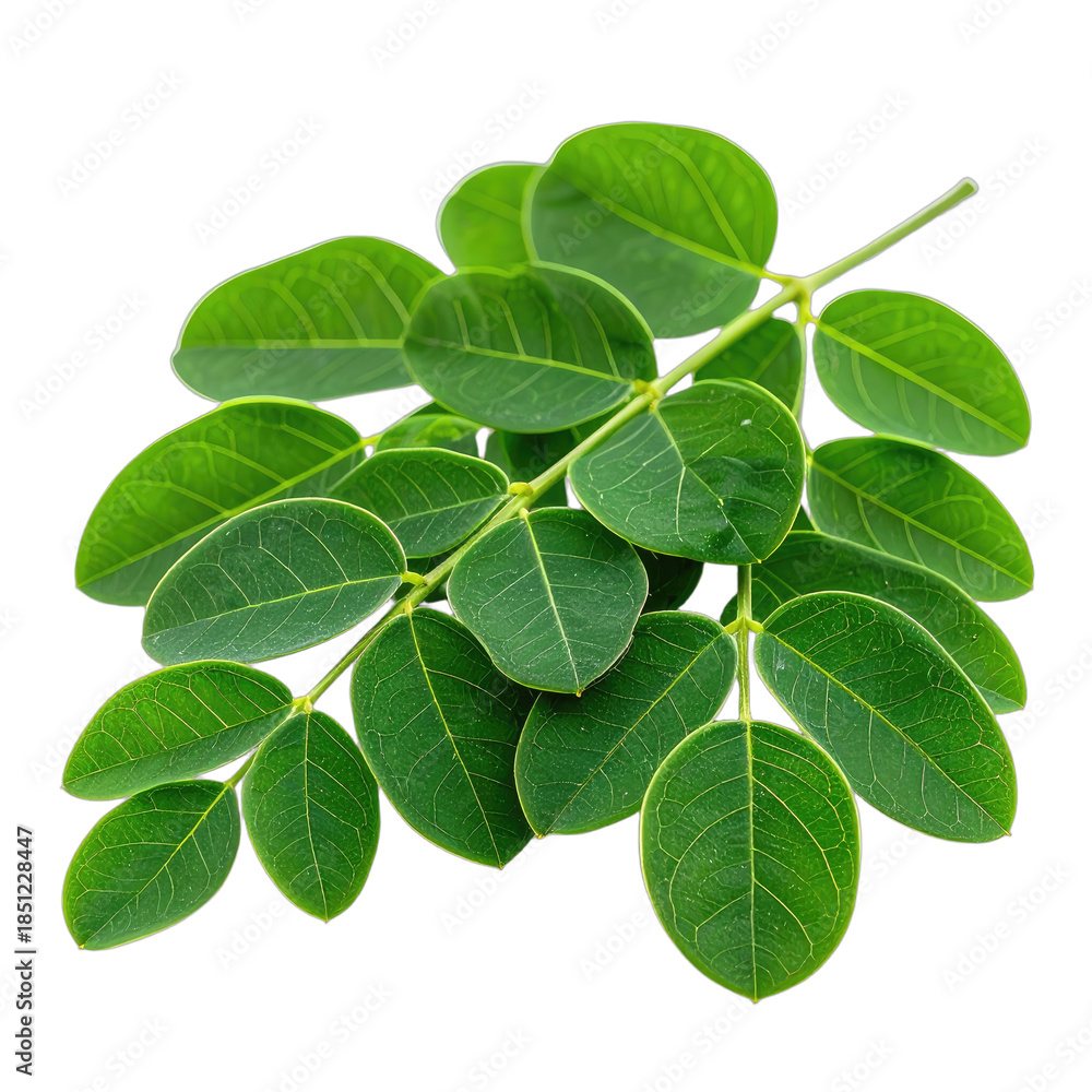 Obraz premium Vibrant green moringa leaves isolated on a solid black background.