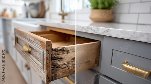 Kitchen drawer replacement, presenting before and after in single image image is visually split in half only one drawer in the image and drawer is split in half to present extreme