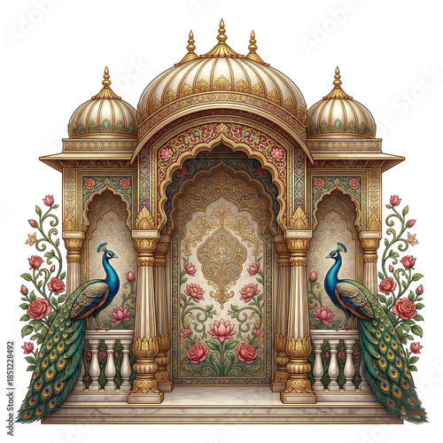Ornate Palace Entrance with Peacocks and Roses golden marble isolated on a transparent background