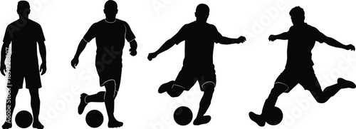 Black silhouette soccer player set showing football dribbling and kicking actions, isolated sports illustration for training, fitness, and competition concepts