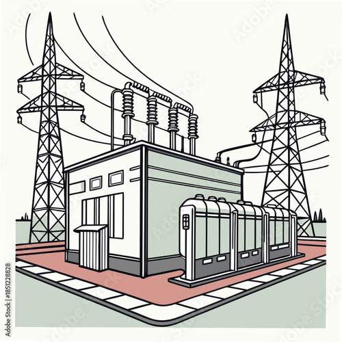 Industrial power substation with transmission towers