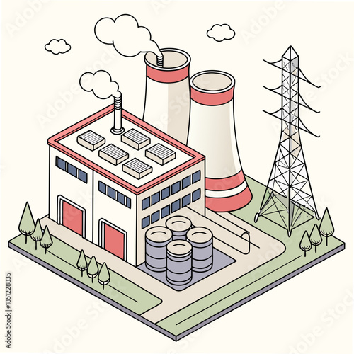 Isometric of nuclear power plant with cooling towers and transmission tower