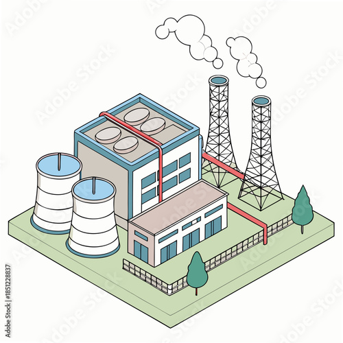 Isometric view of a nuclear power plant with cooling towers