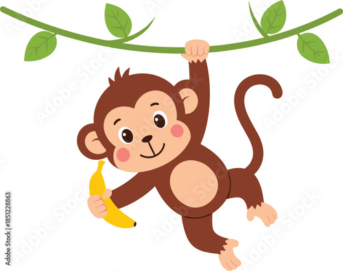 Photography Cartoon monkey hanging on vine with banana, playful jungle animal illustration for kids, fun character design and decoration use