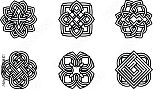 Set of circular celtic knot ornaments with black interlocking lines and floral geometric patterns isolated on white background vector illustration for coloring page and logos.