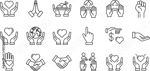 Charity and care hand gesture line icons set representing donation, support, love, help, volunteering, humanitarian aid, and social responsibility concepts