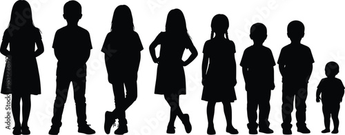 Children silhouettes showing growth stages from toddler to teenager standing in row isolated on white background vector illustration