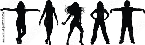 Female dancer silhouettes collection showing diverse dance poses dynamic movement isolated on white background modern vector illustration design art