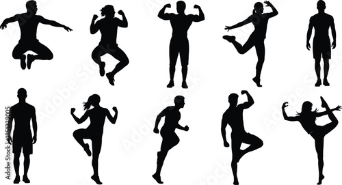 Fitness people silhouettes set showing men and women exercising jumping running dancing strength training healthy lifestyle illustration collection isolated poses