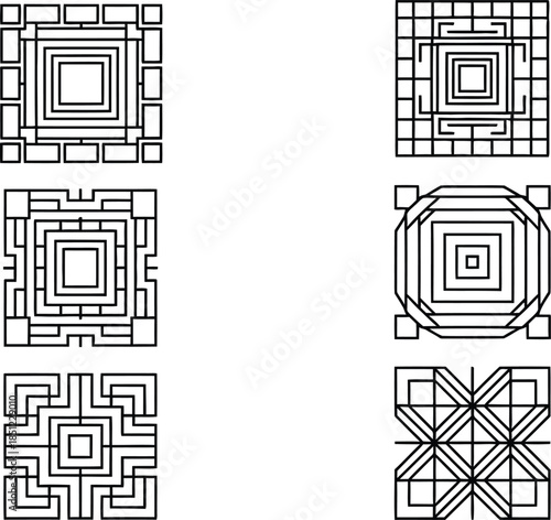 Set of square geometric labyrinth patterns with bold black lines and intricate maze designs isolated on white background vector illustration for modern logo and ornament.