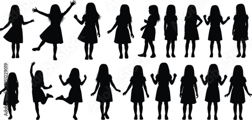 Girls silhouettes vector set with various poses isolated on white background children standing jumping dancing illustration black design collection