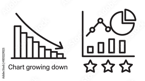 Declining business graph with downtrend arrow and rating stars in simple line art style for financial analysis