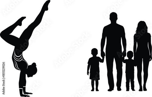 Gymnast silhouette performing handstand balance beside family silhouettes parents and children isolated on white background fitness concept illustration