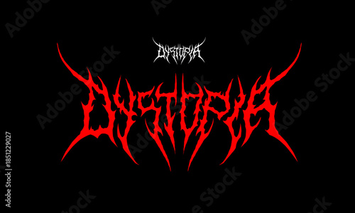 Metal lettering DYSTOPIA in aggressive symmetrical style with sharp abstract spikes and red accents, extreme aesthetics, perfect for dark t-shirt designs, band logos, album covers, and underground