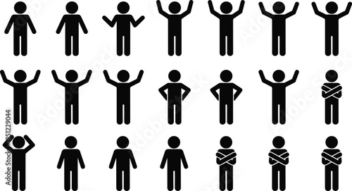 Human figure pictogram icons set showing different body postures, gestures, emotions, attitudes, and standing positions for infographic design