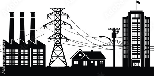 Industrial city skyline silhouette featuring factory buildings power transmission towers electrical grid infrastructure isolated on white background illustration