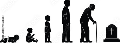 Human life cycle silhouette illustration showing stages from baby to elderly man with cane and gravestone concept