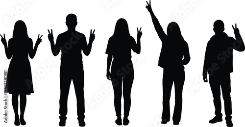 People silhouettes showing peace hand signs, youth culture, friendship, unity, diversity, casual standing poses isolated on white background