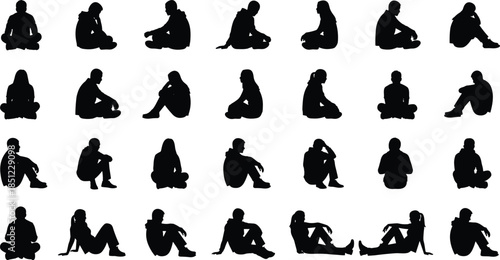 People sitting silhouette collection showing diverse human poses and postures, isolated black figures for vector illustration and design use