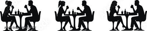 Silhouettes of Couples Talking Over Drinks in Café Setting with Hairstyle Variations, Ideal for Communication, Relationship, and Lifestyle Concepts