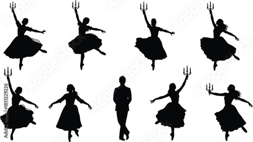 Silhouetted dancers in flowing dresses holding candelabras with central figure in suit, performing synchronized choreography on white background