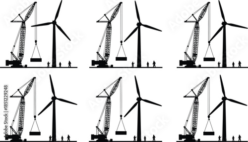 Silhouettes of crane-assisted wind turbine installation with workers on site, showcasing renewable energy construction and maintenance operations at scale.