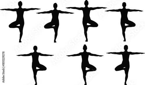 Silhouettes of people practicing tree pose yoga in balanced formation, promoting mindfulness, wellness, and harmony through body alignment and focus.