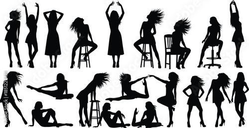 Women dancing and posing silhouette collection illustrating fashion, glamour, female body language, elegant movement, and artistic dance concepts