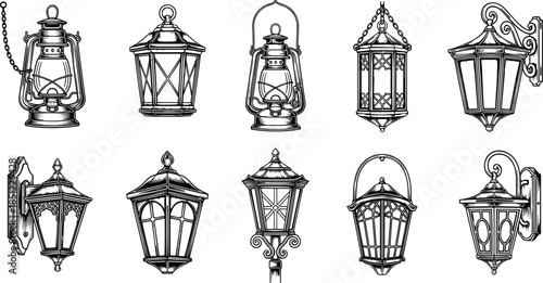 Vintage Lantern Collection Hand Drawn Black and White Street Lamps Classic Outdoor Lighting Vector Illustration Set Isolated