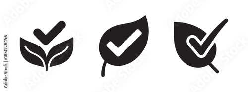 Natural organic product leaf icons with check mark symbol for eco friendly quality guarantee