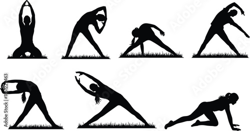 Yoga and stretching exercise silhouette set showing flexibility, balance, fitness, wellness training, healthy lifestyle, and body movement poses