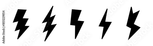 Collection of bold, black lightning bolt icons ideal for digital graphics and design.