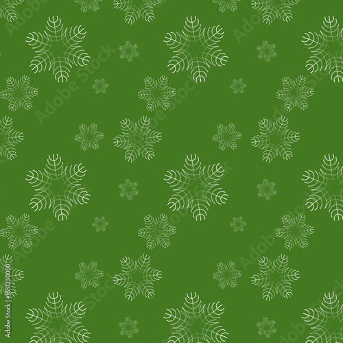 Pattern con fiocchi di neve bianchi sfumati su sfondo verde