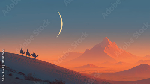 Camel caravan under crescent moon in tranquil desert night, symbolizing timeless nomadic travel, silence, freedom, and spiritual exploration