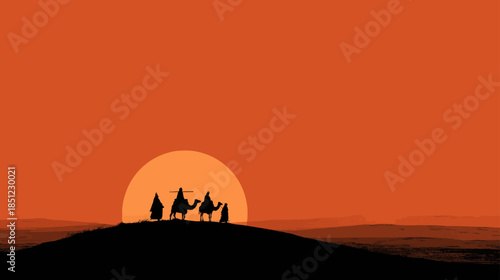 Minimalist desert caravan silhouettes at sunset illustrating spiritual journey, leadership, exploration, and timeless travel inspiration with copy space
