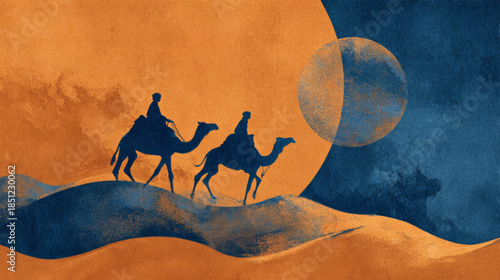 Camel caravan under crescent moon in tranquil desert night, symbolizing timeless nomadic travel, silence, freedom, and spiritual exploration