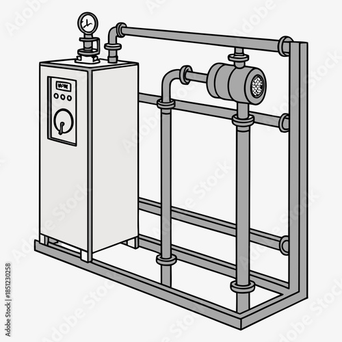 Hydraulic pipe system on metal frame with control panel