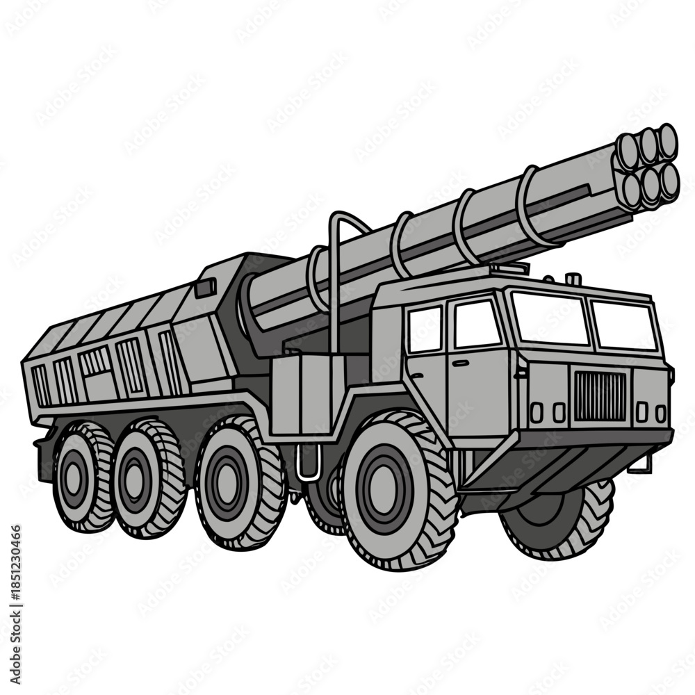 Obraz premium White long range missile launcher truck side view white background