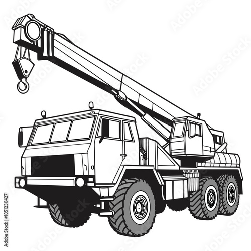 Black and white of hydraulic military vehicle with crane extension