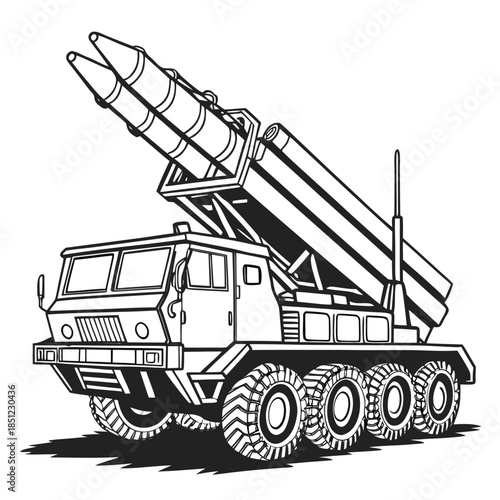 Black and white of artillery carrier vehicle with missile containers